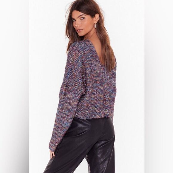 Nasty Gal Tinsel Time Pink Multicolor Sweater Crop V Neck  Size M - Picture 5 of 11